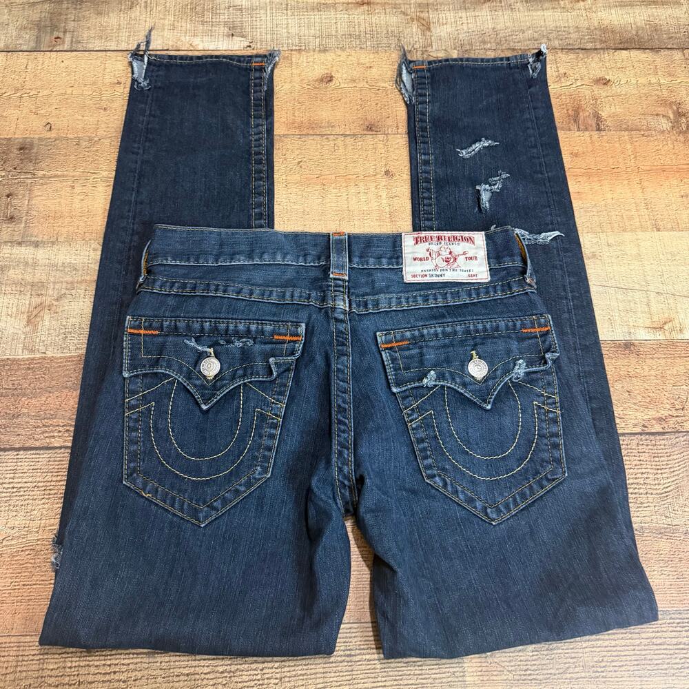 True Religion Wmns 100% Cotton Distressed Denim Skinny Straight Jeans Sz 30 FLAW